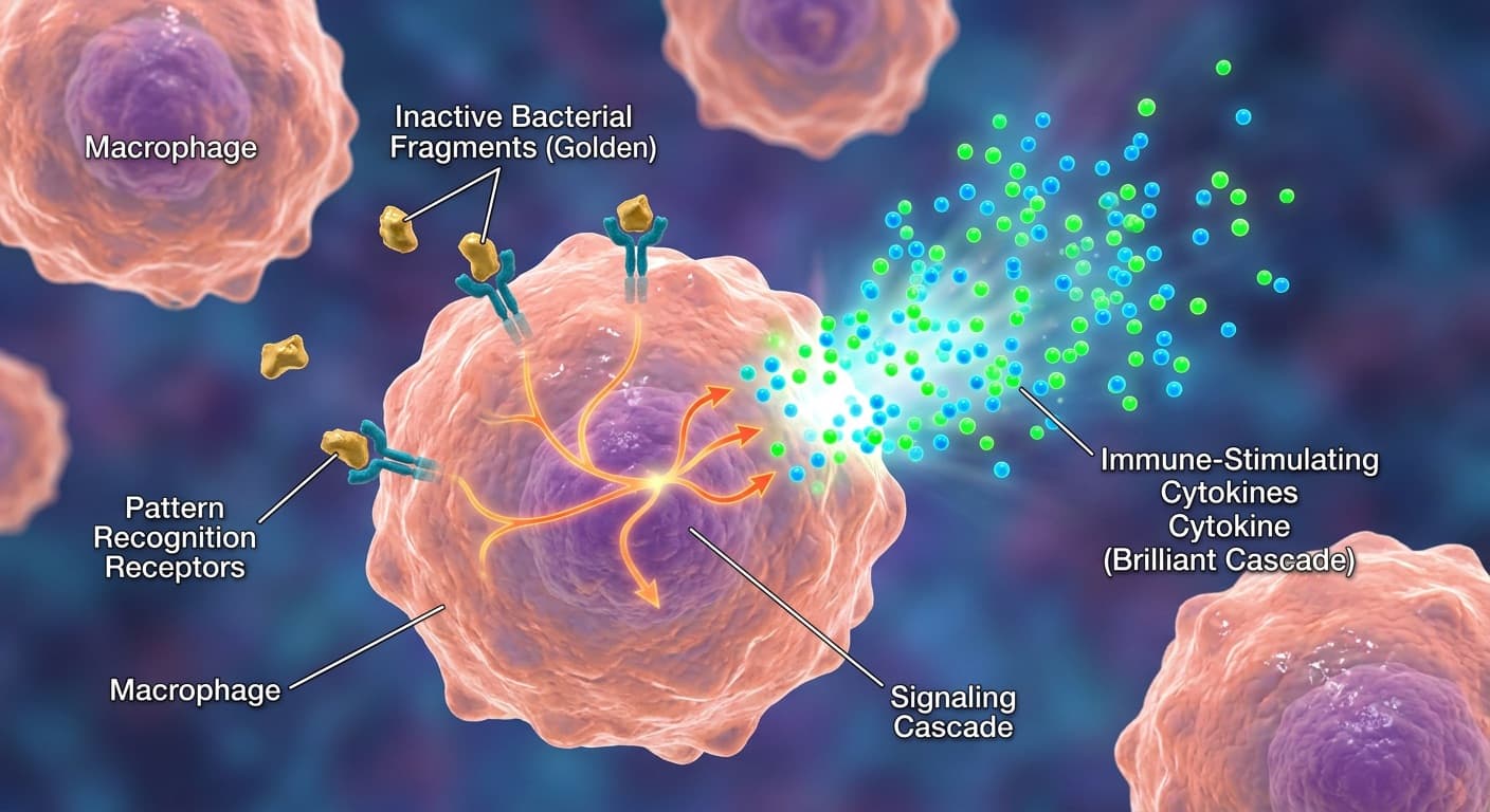 A golden-yellow platelet cell undergoing activation, showing long, branching pseudopods (filopodia) and releasing a luminous cloud of microscopic growth factor proteins (PDGF, VEGF) that interact with surrounding damaged tissue fibers, set against a deep amber and crimson biological background. © 2026 ImmunoTherapy Japan. Educational use only