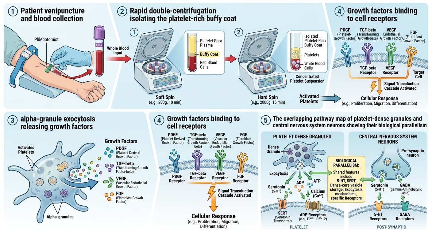 A detailed scientific vector flow chart illustrating: (1) Patient venipuncture and blood collection; (2) Rapid double-centrifugation isolating the platelet-rich buffy coat; (3) α-granule exocytosis releasing growth factors; (4) Growth factors binding to cell receptors; (5) The overlapping pathway map of platelet-dense granules and central nervous system neurons (highlighting serotonin, SERT, and GABA receptors) showing their biological parallelism. © 2026 ImmunoTherapy Japan. Educational use only