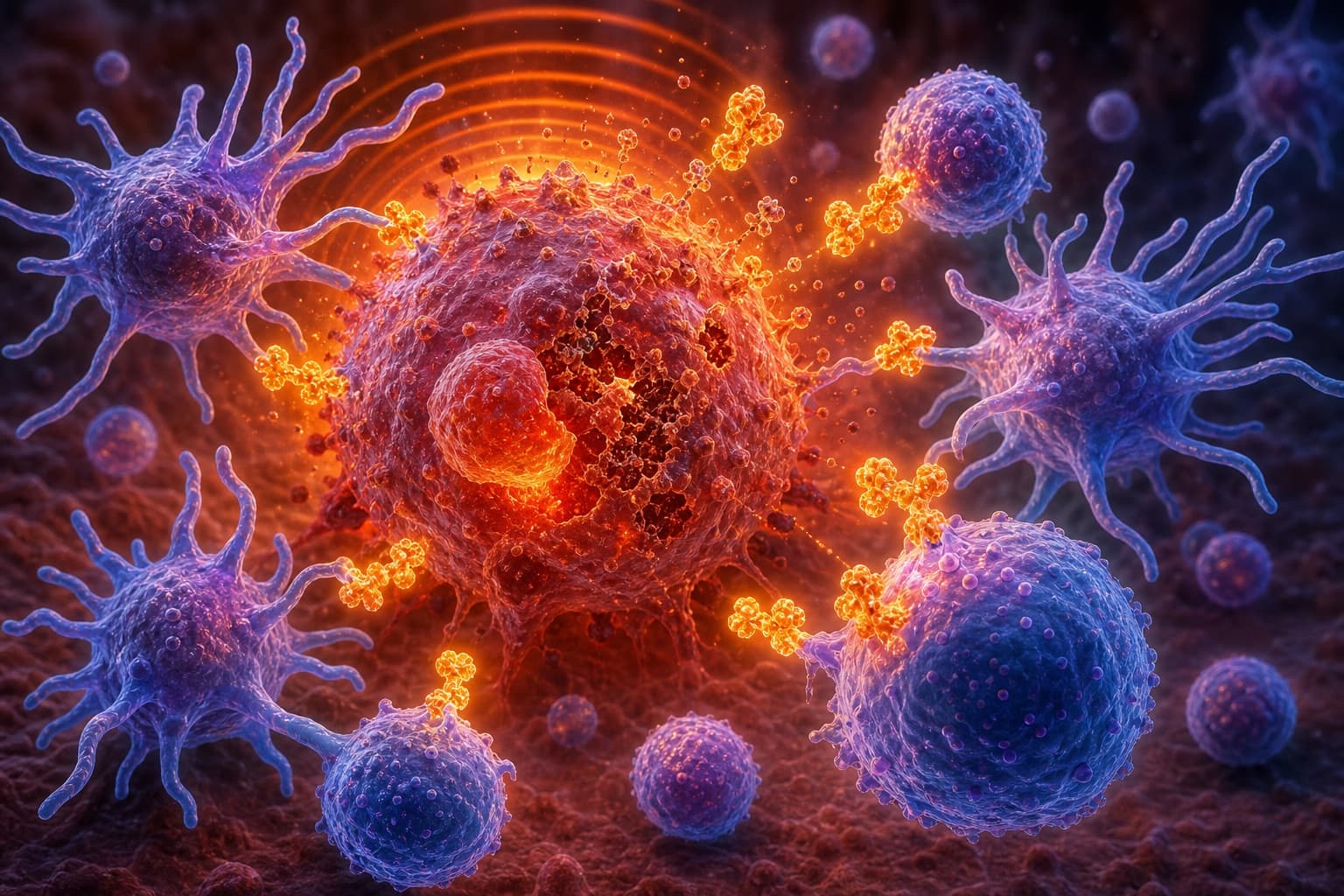 Dendritic cell with long, branching dendrites actively presenting glowing golden antigens to a cluster of dark blue T-lymphocytes, with microscopic cancer cells in the dark biological background. © 2026 ImmunoTherapy Japan. Educational use only