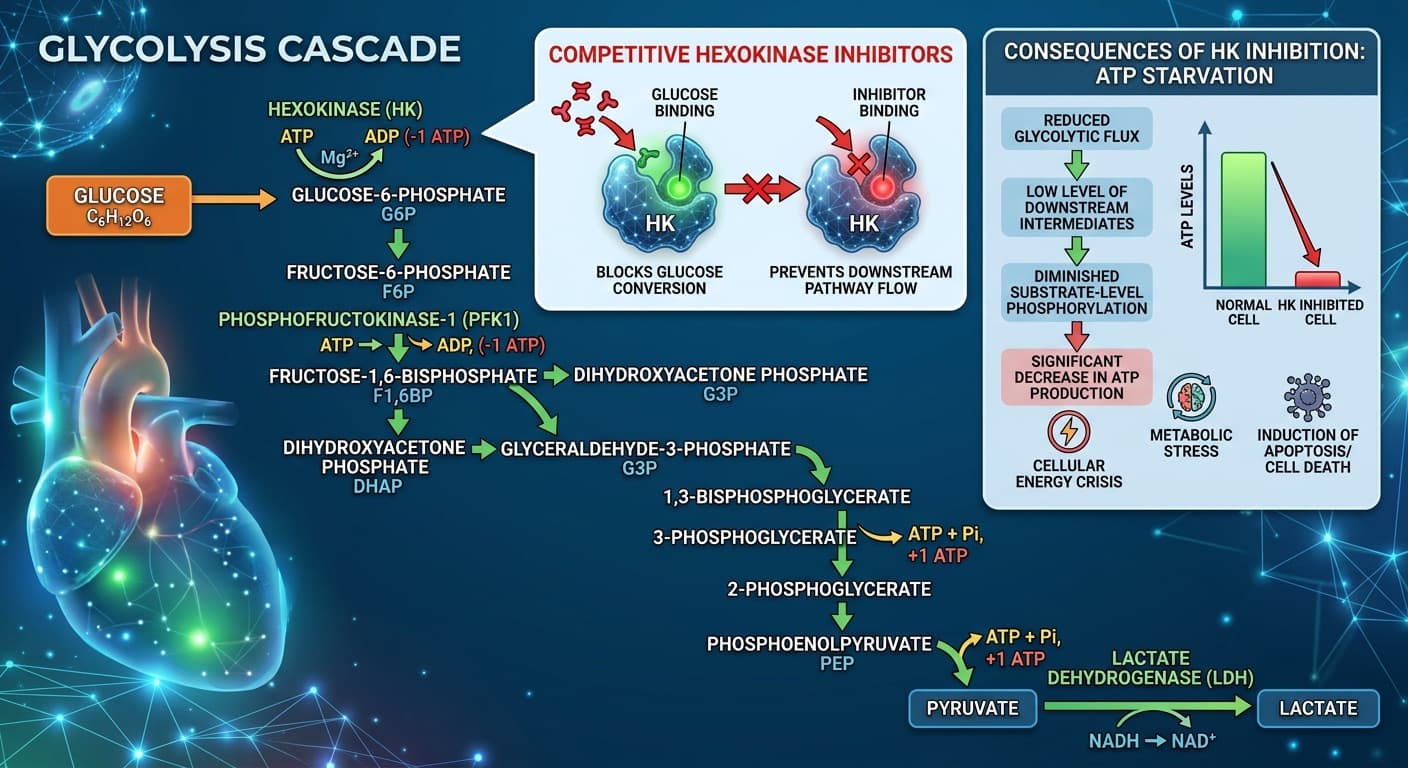 The glycolysis cascade from glucose to lactate, demonstrating where competitive hexokinase inhibitors block the pathway and induce ATP starvation. © 2026 ImmunoTherapy Japan. Educational use only