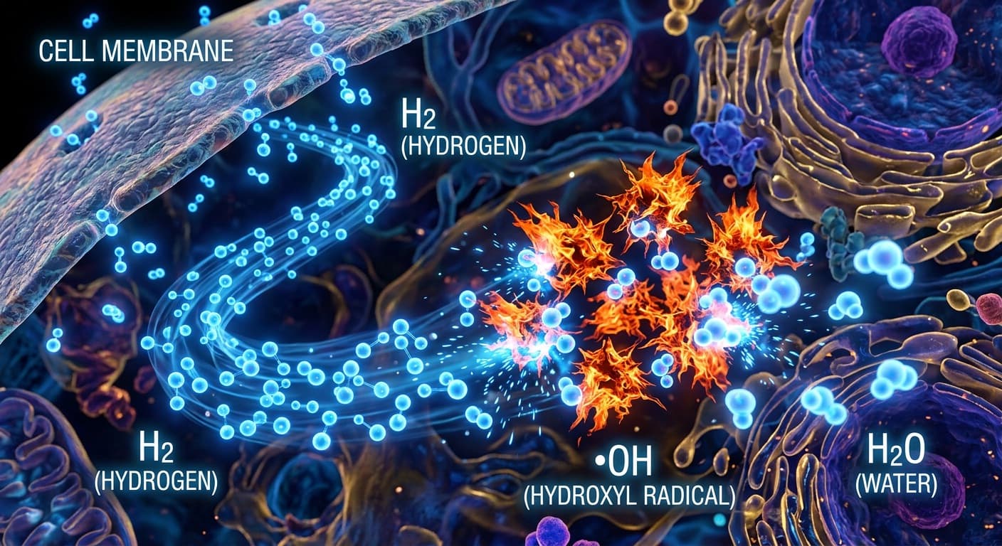 Blue hydrogen gas (H2) molecules floating into a cell, binding to and extinguishing jagged, fiery orange hydroxyl radicals (•OH). © 2026 ImmunoTherapy Japan. Educational use only