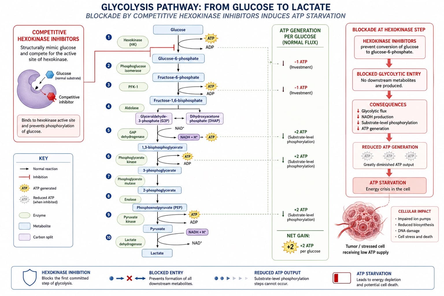 The glycolysis cascade from glucose to lactate, demonstrating where competitive hexokinase inhibitors block the pathway and induce ATP starvation. © 2026 ImmunoTherapy Japan. Educational use only