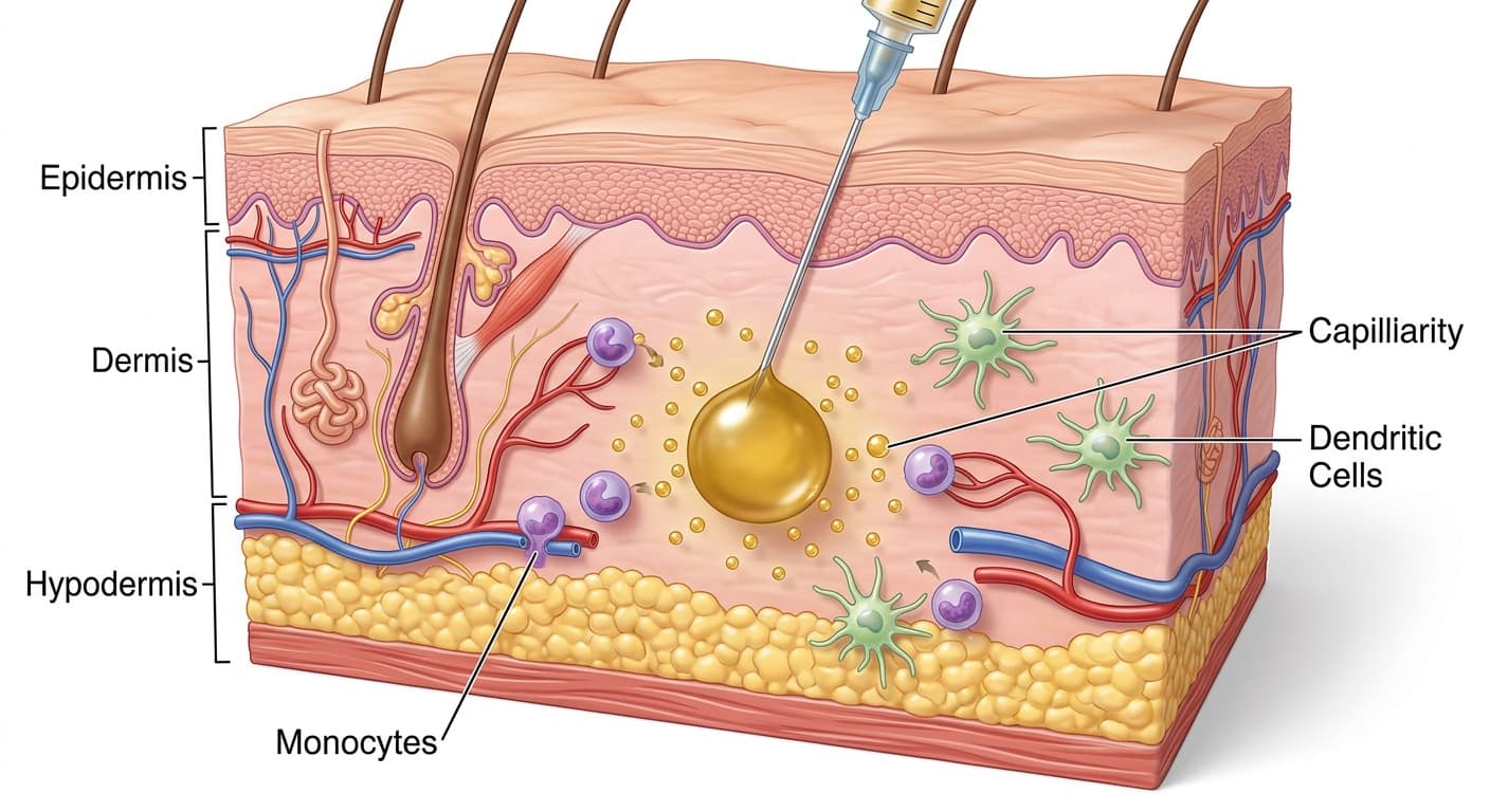 Skin tissue layers showing a localized injection of a gold-colored fluid that slowly releases molecules, attracting monocytes and dendritic cells to the site. © 2026 ImmunoTherapy Japan. Educational use only