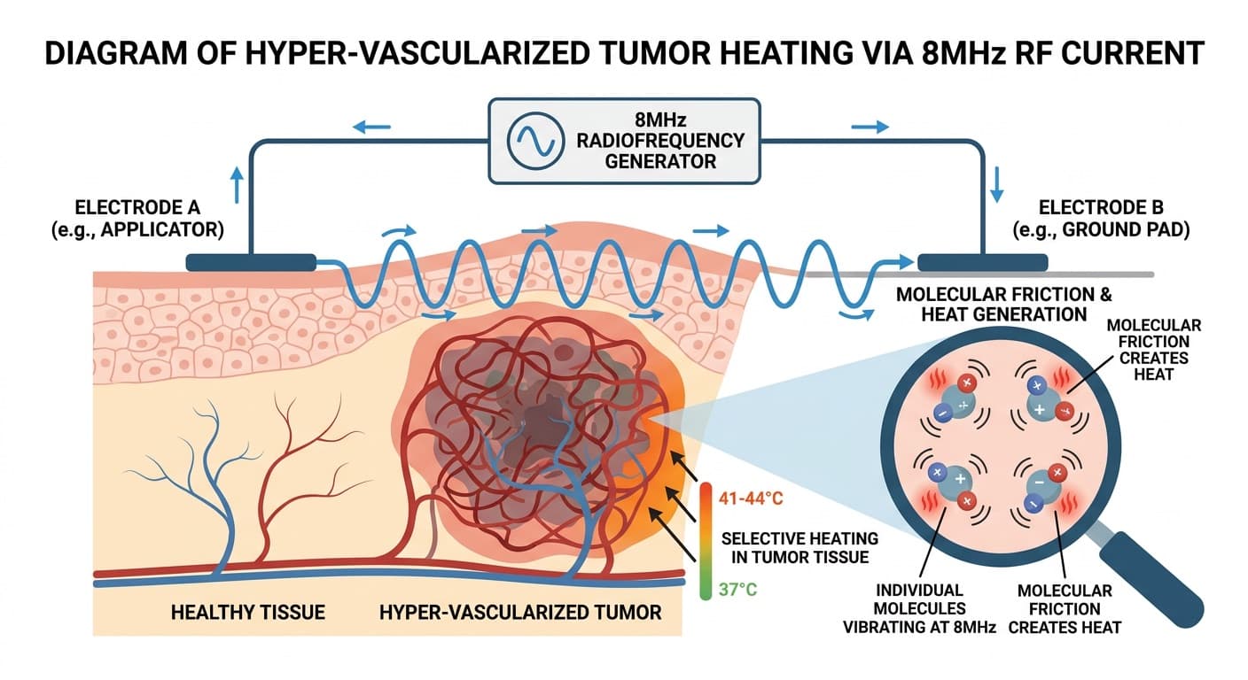 A diagram illustrating how an 8MHz radiofrequency current passes between two external electrodes, inducing molecular friction and selective heating in hyper-vascularized tumors. © 2026 ImmunoTherapy Japan. Educational use only