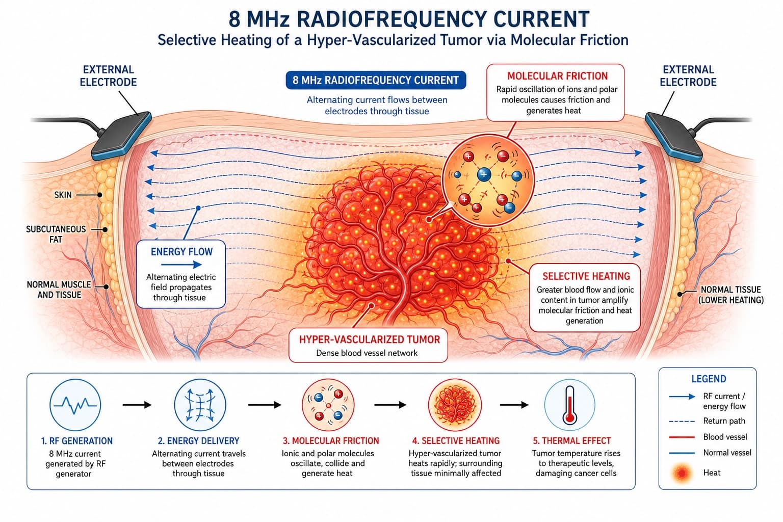 A diagram illustrating how an 8MHz radiofrequency current passes between two external electrodes, inducing molecular friction and selective heating in hyper-vascularized tumors. © 2026 ImmunoTherapy Japan. Educational use only