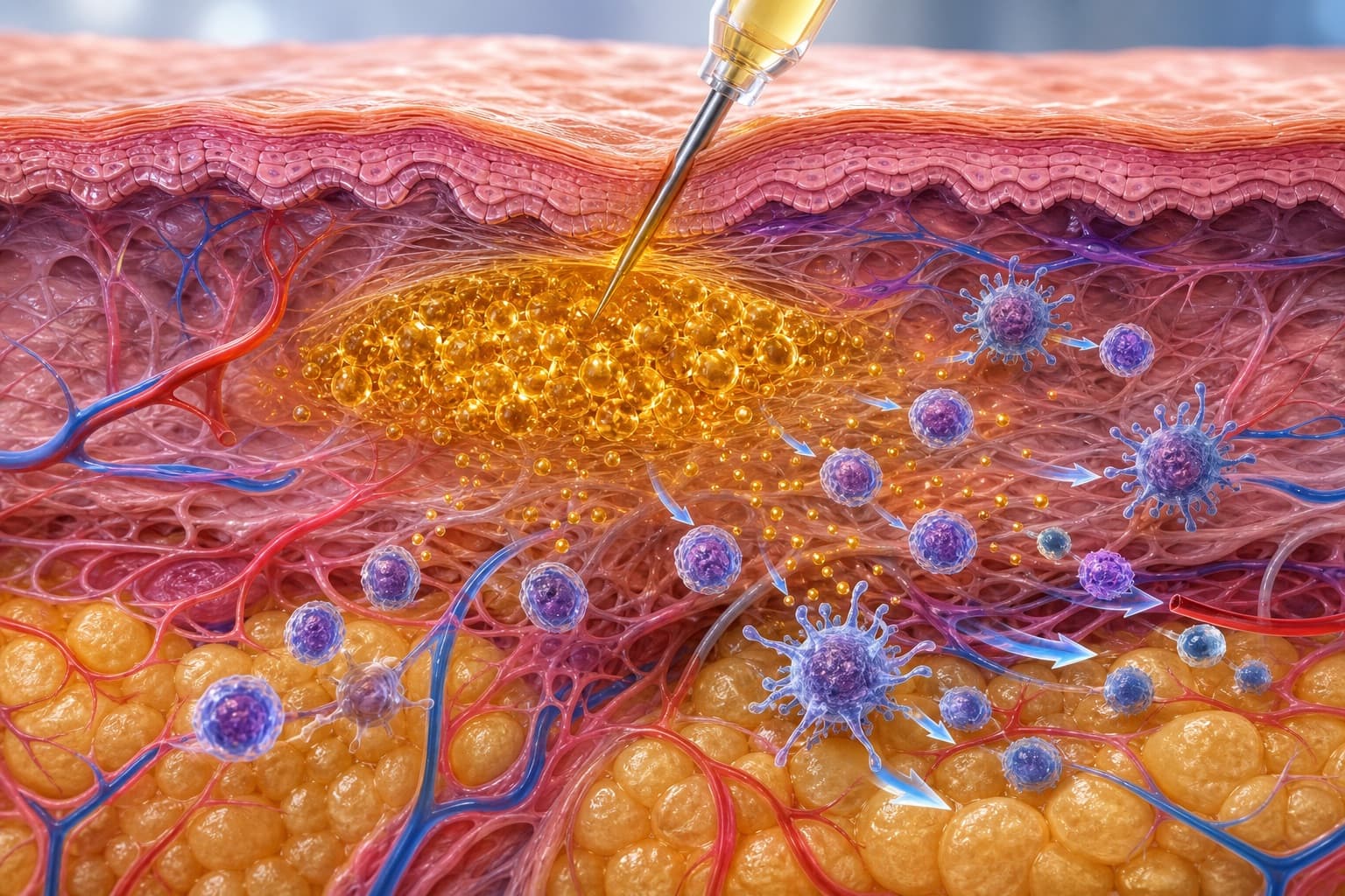 Skin tissue layers showing a localized injection of a gold-colored fluid that slowly releases molecules, attracting monocytes and dendritic cells to the site. © 2026 ImmunoTherapy Japan. Educational use only