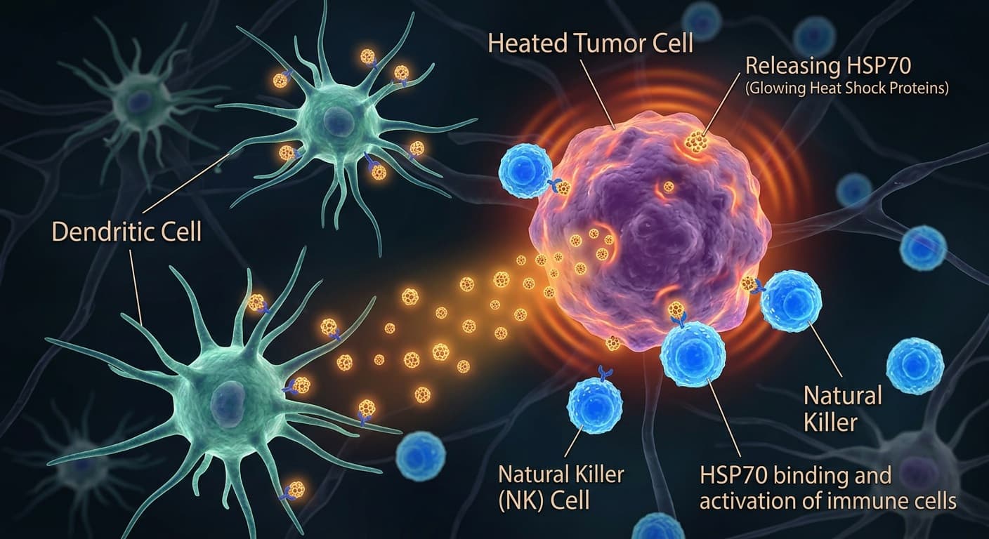 A heated tumor cell releasing glowing Heat Shock Proteins (HSP70) that attract and bind to surrounding dendritic cells and natural killer cells. © 2026 ImmunoTherapy Japan. Educational use only