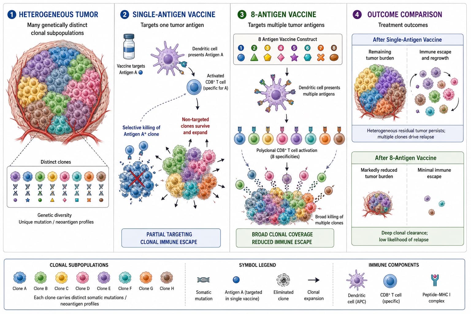 Genetic diversity of a heterogeneous tumor mass and how a vaccine presenting 8 distinct antigens prevents clonal immune escape compared to a single-antigen vaccine. © 2026 ImmunoTherapy Japan. Educational use only