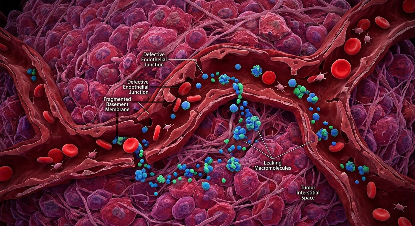 A highly defective, leaky blood vessel within a red tumor mass, showing large macromolecular structures selectively escaping into the interstitial space. © 2026 ImmunoTherapy Japan. Educational use only