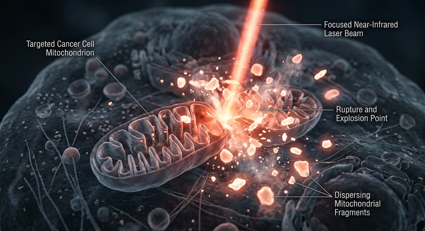 A cancer cell's mitochondria undergoing fission and exploding under the focus of a near-infrared laser beam, with glowing fragments dispersing. © 2026 ImmunoTherapy Japan. Educational use only