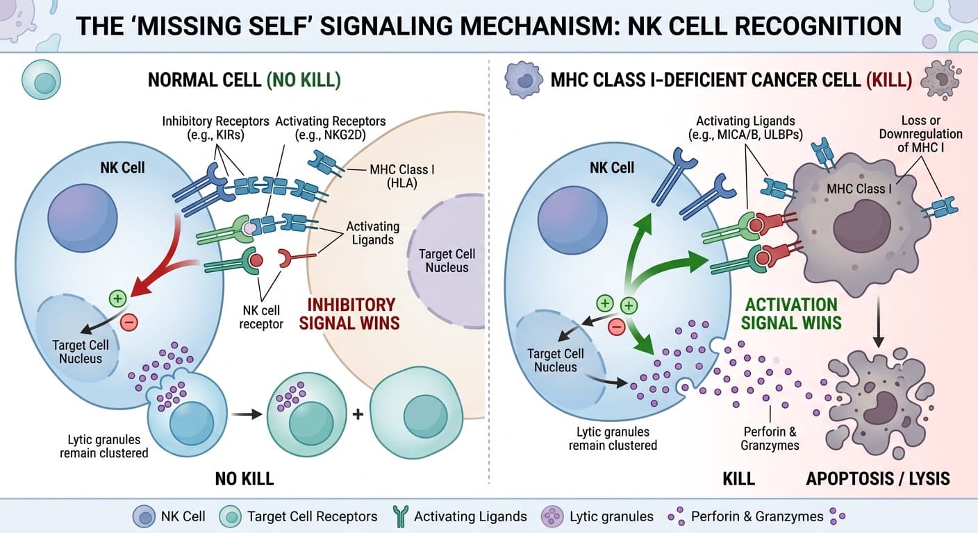 The "Missing Self" signaling mechanism: comparing an inhibitory "No Kill" signal on a normal cell with an activated "Kill" signal on an MHC Class I-deficient cancer cell. © 2026 ImmunoTherapy Japan. Educational use only