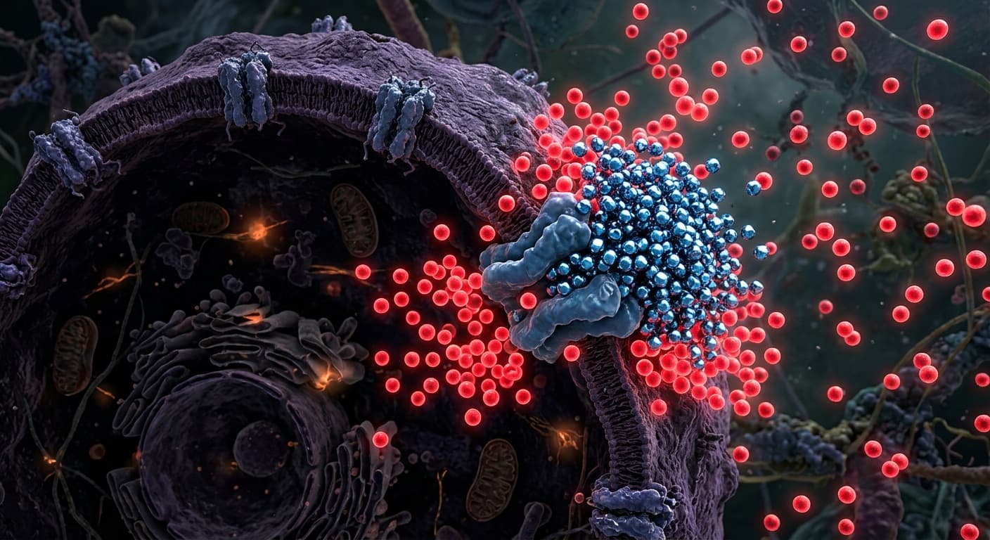 A cancer cell with glowing red glucose molecules attempting to pass through membrane channels, blocked by a swarm of shiny blue inhibitor particles, starving the cell. © 2026 ImmunoTherapy Japan. Educational use only
