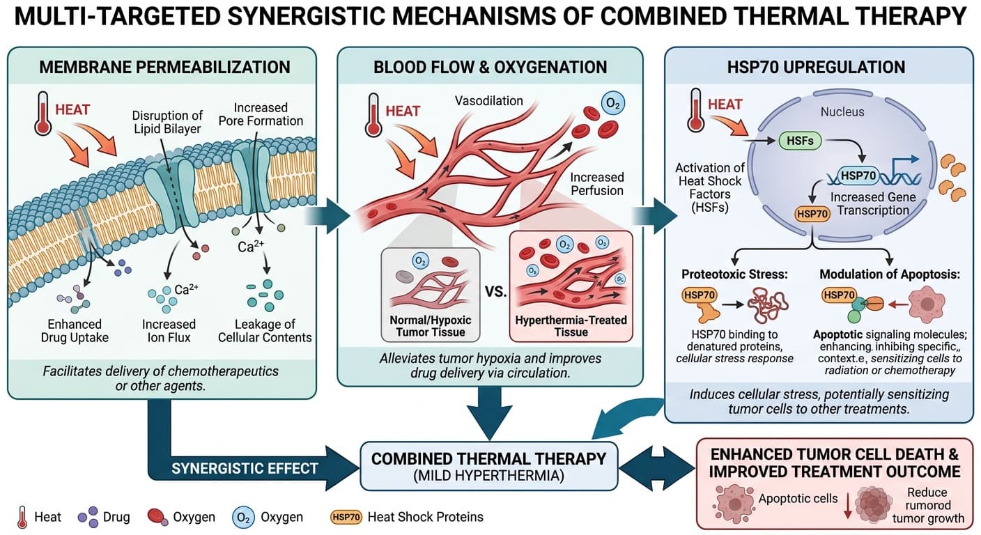 The multi-targeted synergistic mechanisms of combined thermal therapy: membrane permeability, blood flow oxygenation, and HSP70 upregulation. © 2026 ImmunoTherapy Japan. Educational use only