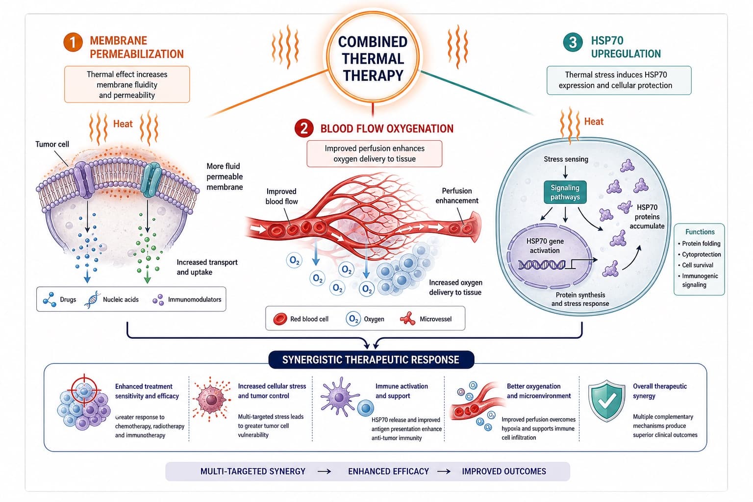 The multi-targeted synergistic mechanisms of combined thermal therapy: membrane permeability, blood flow oxygenation, and HSP70 upregulation. © 2026 ImmunoTherapy Japan. Educational use only