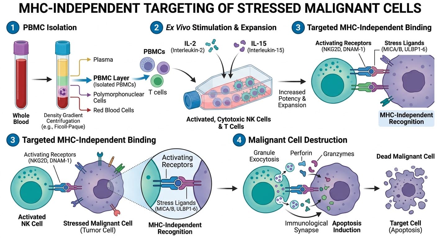 Isolation of PBMCs, their ex vivo stimulation utilizing IL-2 and IL-15, and their targeted MHC-independent binding and destruction of stressed malignant cells. © 2026 ImmunoTherapy Japan. Educational use only