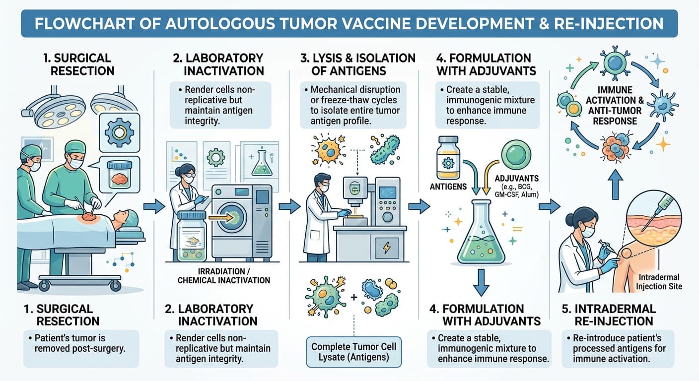 The extraction of tumor tissue post-surgery, laboratory inactivation, lysis to isolate complete tumor antigens, formulation with adjuvants, and intradermal re-injection. © 2026 ImmunoTherapy Japan. Educational use only