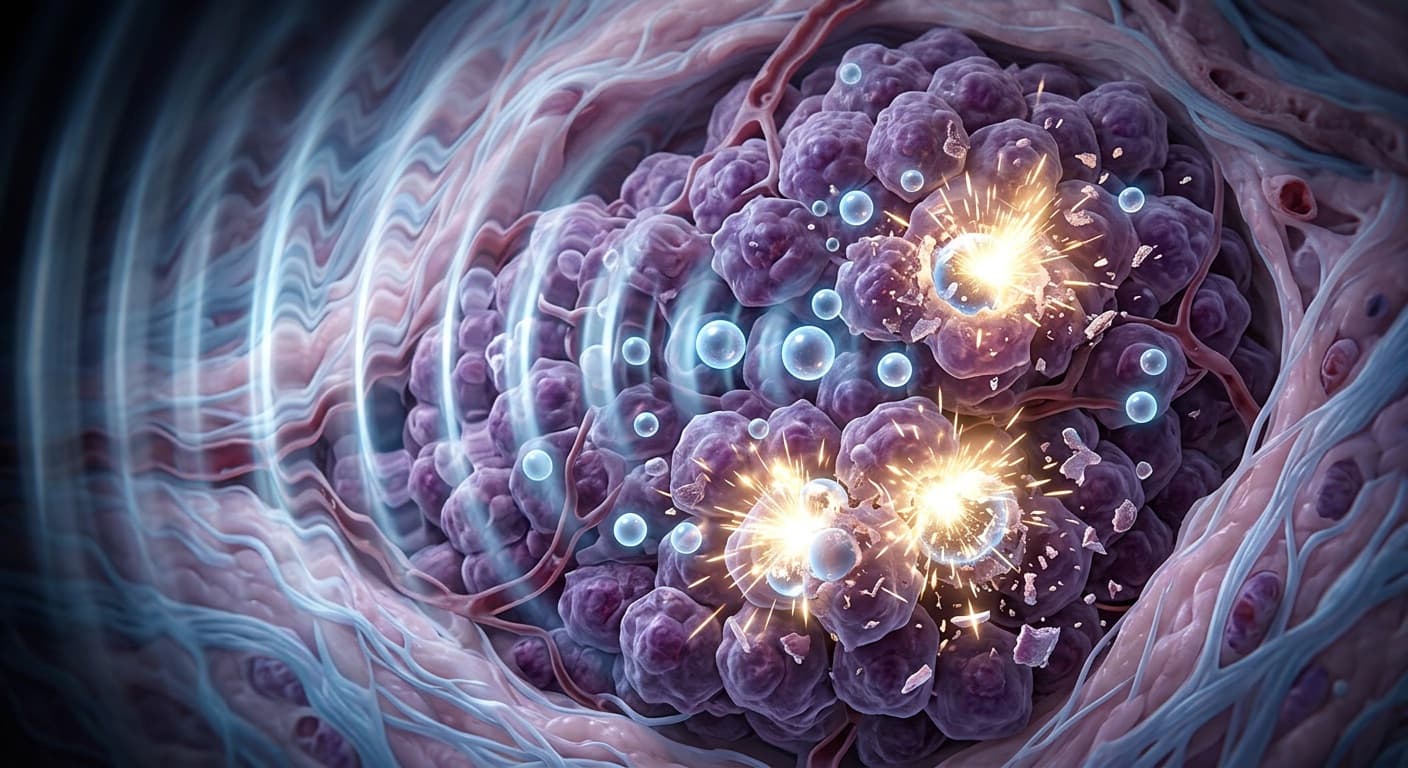 Acoustic ultrasound waves passing through a tumor, generating tiny, vibrating microbubbles that expand and rupture with brilliant sparks of light. © 2026 ImmunoTherapy Japan. Educational use only