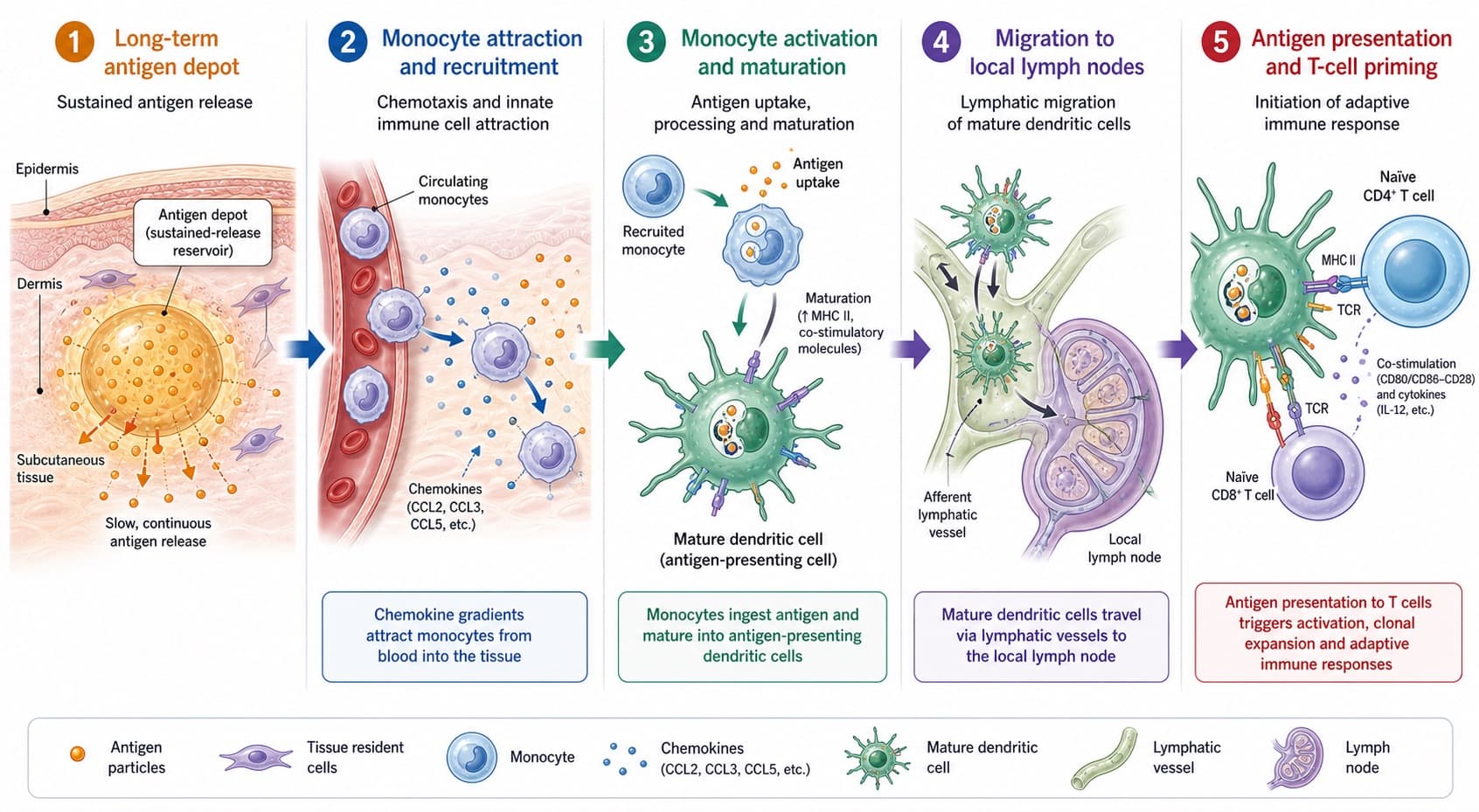Flowchart showing how a long-term antigen depot attracts monocytes, triggers their maturation into mature dendritic cells, and prompts migration to local lymph nodes. © 2026 ImmunoTherapy Japan. Educational use only