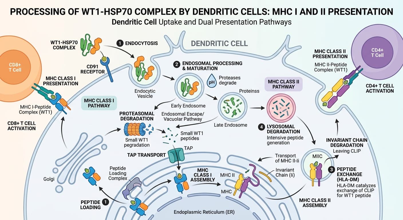 Step-by-step processing of the full-length WT1 protein chaperoned by HSP70 through the CD91 receptor of a dendritic cell, leading to MHC Class I and II presentation. © 2026 ImmunoTherapy Japan. Educational use only