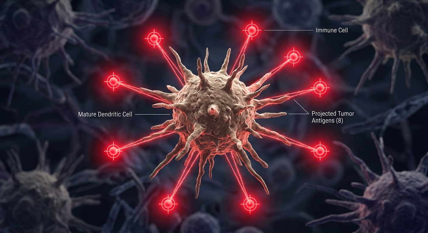 Mature dendritic cell at the center projecting 8 distinct glowing red target markers to represent multiple tumor antigens. © 2026 ImmunoTherapy Japan. Educational use only