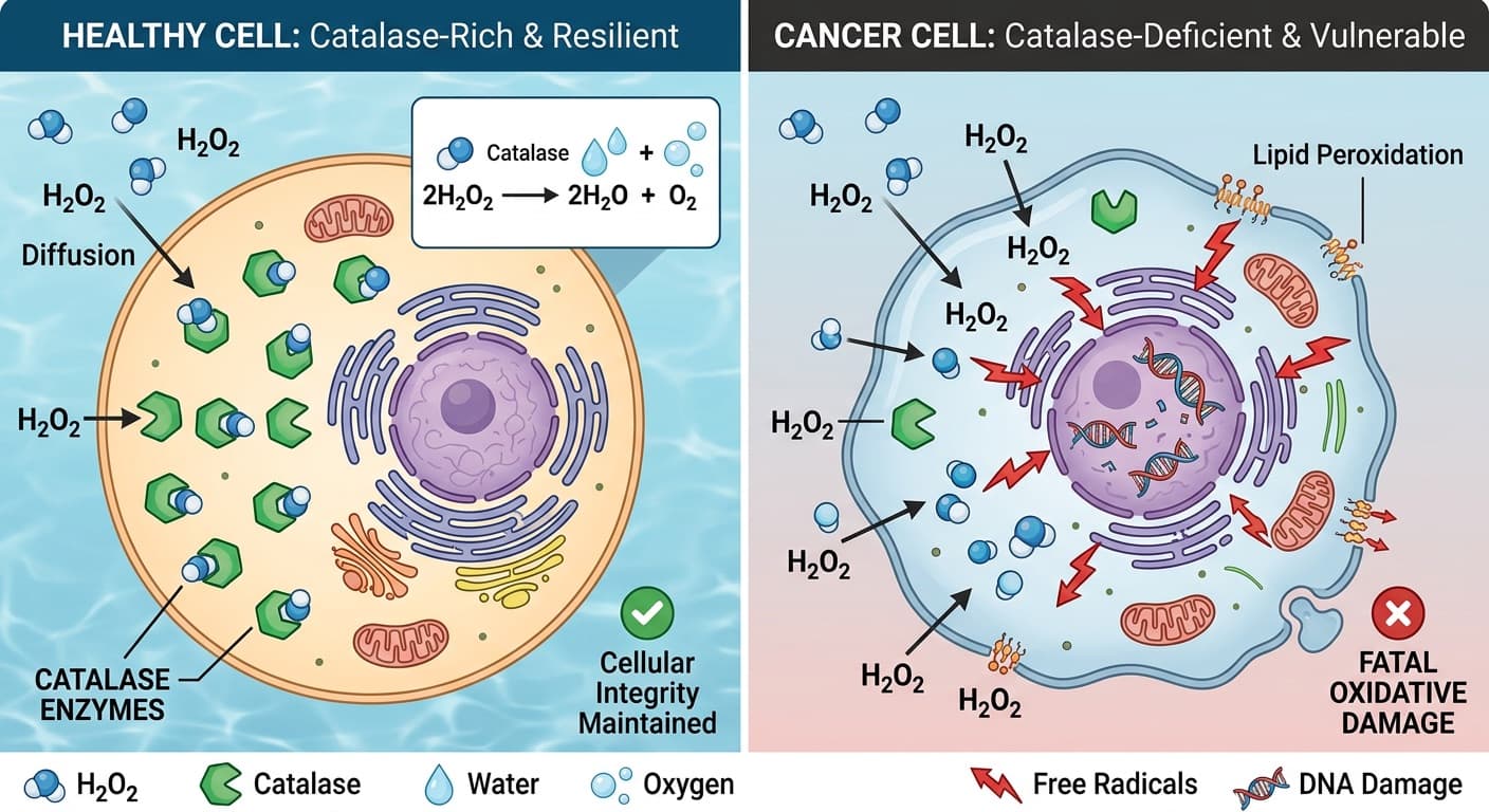 A side-by-side cellular comparison illustrating a catalase-rich healthy cell easily neutralizing hydrogen peroxide vs. a catalase-deficient cancer cell suffering fatal oxidative damage. © 2026 ImmunoTherapy Japan. Educational use only