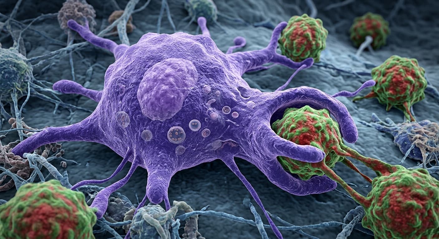 An active violet macrophage cell extending multiple pseudopods to engulf and digest surrounding green-and-red cancer cells. (Inspired by the cellular detail in Image 10). © 2026 ImmunoTherapy Japan. Educational use only
