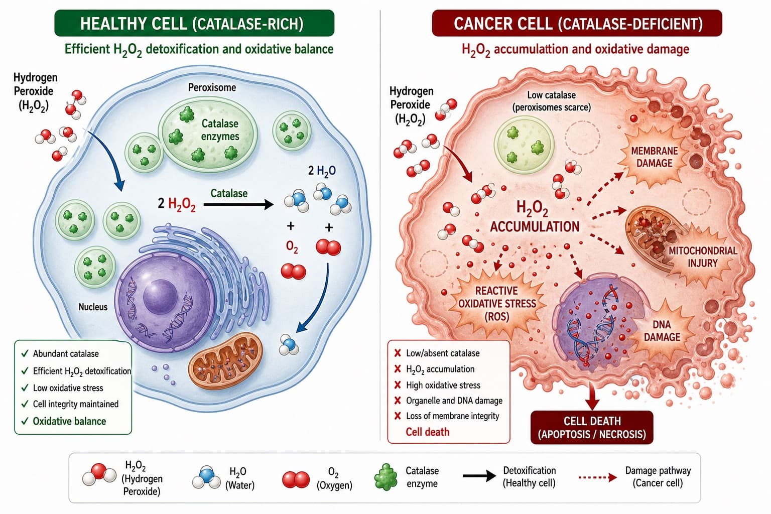 A side-by-side cellular comparison illustrating a catalase-rich healthy cell easily neutralizing hydrogen peroxide vs. a catalase-deficient cancer cell suffering fatal oxidative damage. © 2026 ImmunoTherapy Japan. Educational use only