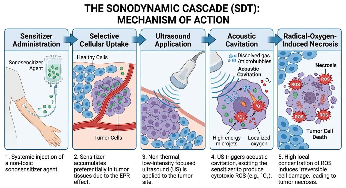 The sonodynamic cascade: sensitizer administration, selective cellular uptake, ultrasound application, acoustic cavitation of microbubbles, and resulting radical-oxygen-induced necrosis. © 2026 ImmunoTherapy Japan. Educational use only