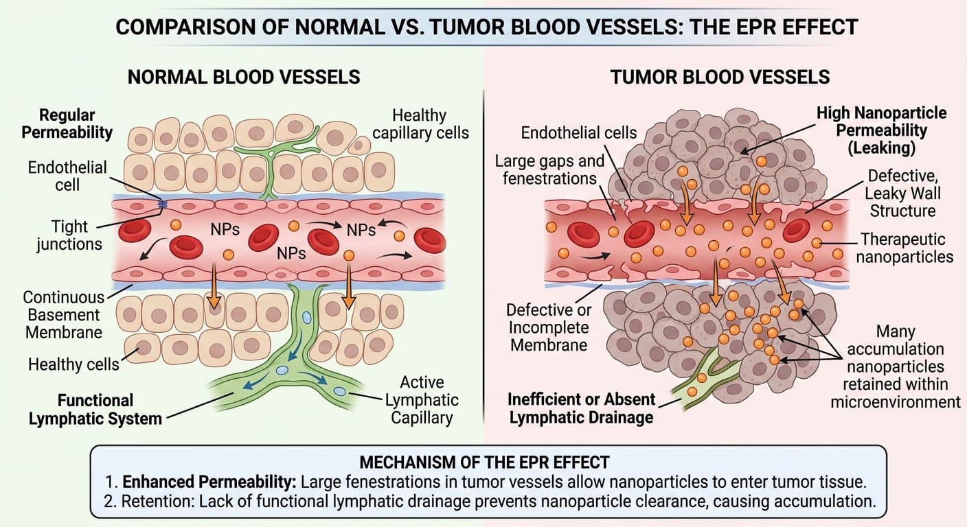 A diagram comparing normal blood vessels (with tight endothelial junctions) and tumor blood vessels (with large fenestrations and lack of lymphatic drainage), demonstrating the Enhanced Permeability and Retention (EPR) effect. © 2026 ImmunoTherapy Japan. Educational use only