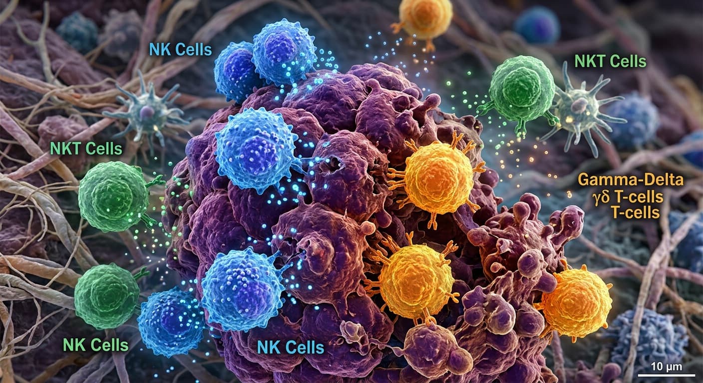 Three types of immune cells—NK, NKT, and gamma-delta T-cells—working in unison to dissolve a malignant tumor mass. (Inspired by the cellular detail in Image 10). © 2026 ImmunoTherapy Japan. Educational use only
