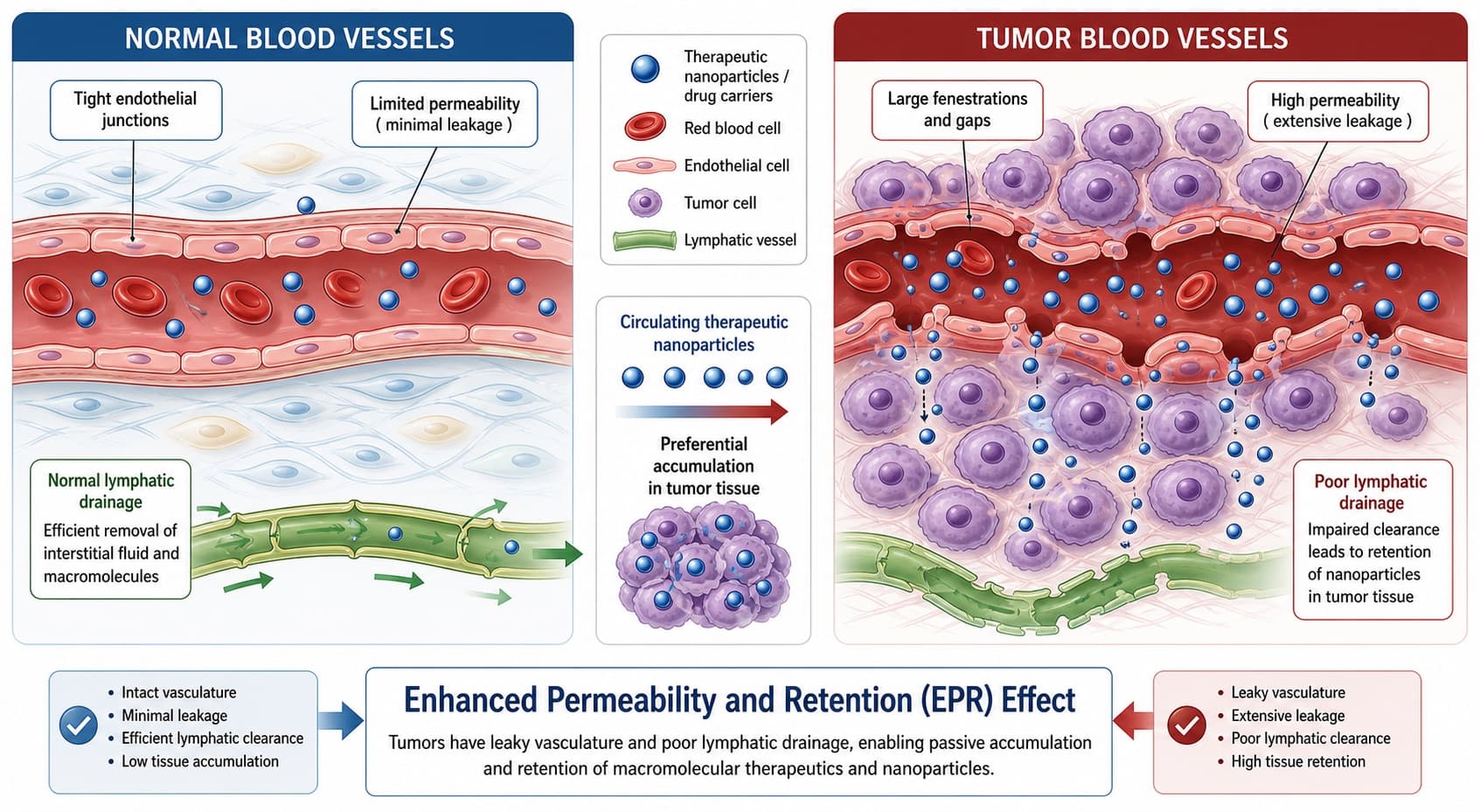 A diagram comparing normal blood vessels (with tight endothelial junctions) and tumor blood vessels (with large fenestrations and lack of lymphatic drainage), demonstrating the Enhanced Permeability and Retention (EPR) effect. © 2026 ImmunoTherapy Japan. Educational use only