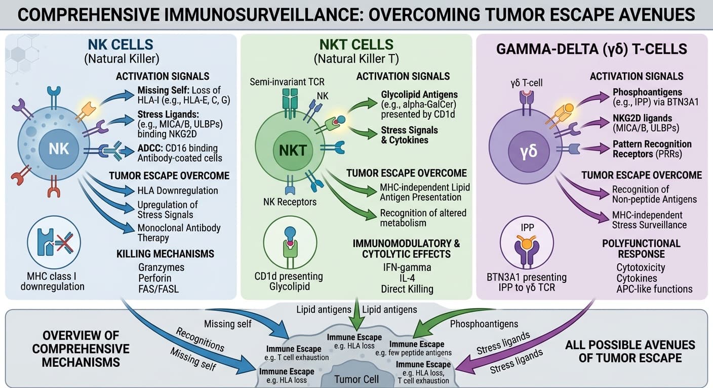 Activation pathways of NK, NKT, and gamma-delta T-cells, showing how they combine to cover all possible avenues of tumor immune escape. © 2026 ImmunoTherapy Japan. Educational use only