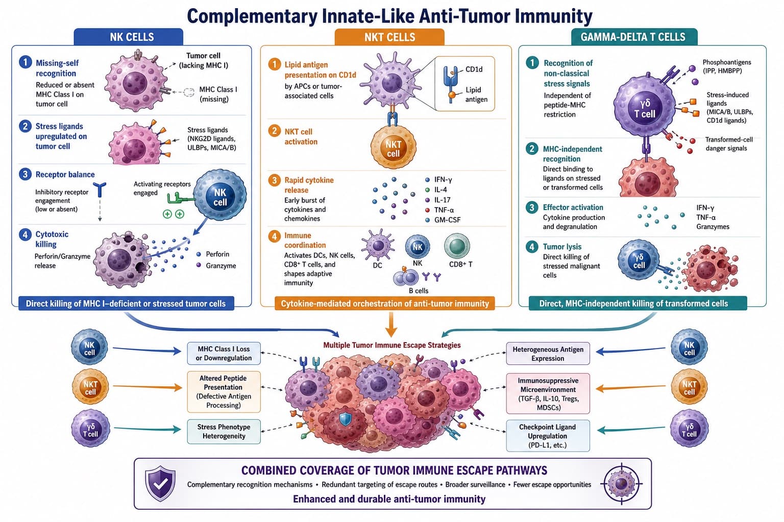 Activation pathways of NK, NKT, and gamma-delta T-cells, showing how they combine to cover all possible avenues of tumor immune escape. © 2026 ImmunoTherapy Japan. Educational use only