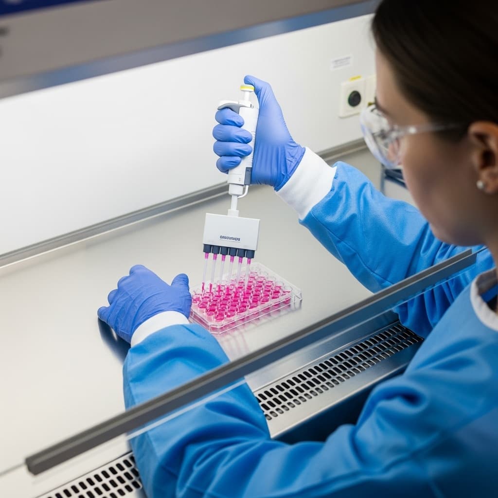 Specialist working inside a biosafety cabinet