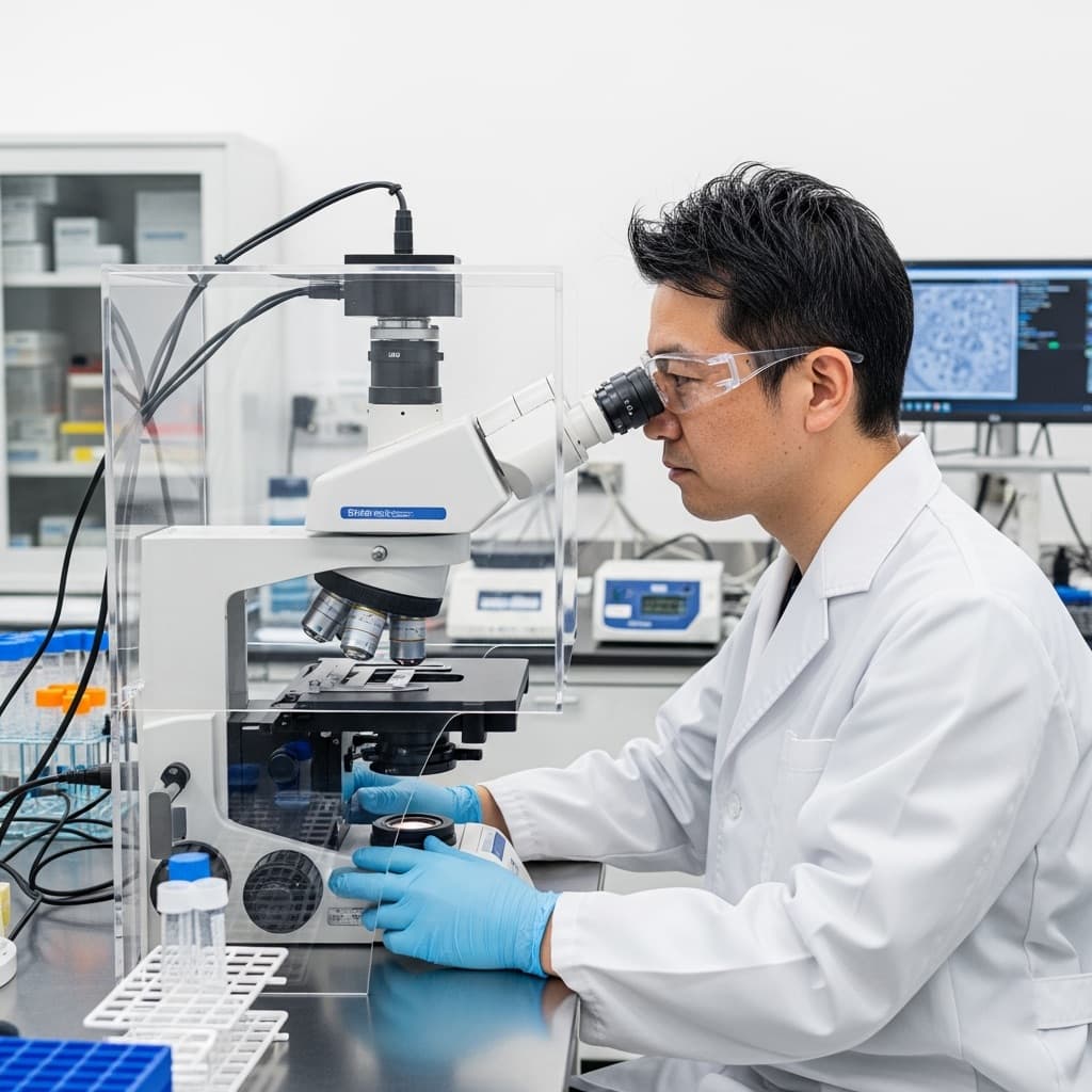 Japanese scientist using a microscope in a clinical laboratory