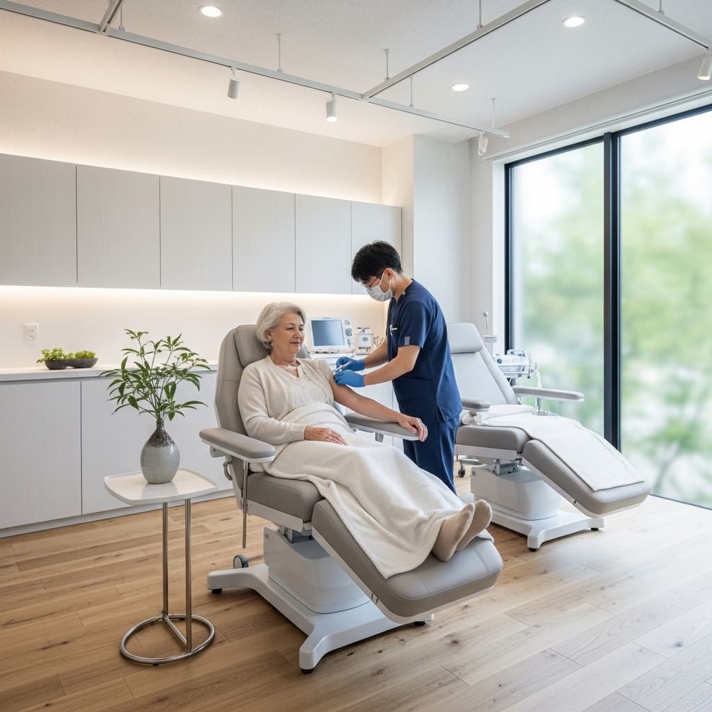 Patient receiving supervised care in a modern treatment suite