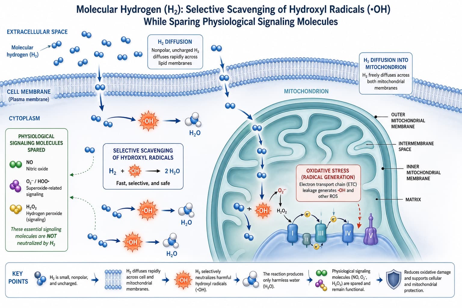 A molecular pathway diagram showing H2 crossing cell membranes and mitochondrial walls, selectively converting hydroxyl radicals into water (H2O) while sparing physiological signaling molecules. © 2026 ImmunoTherapy Japan. Educational use only
