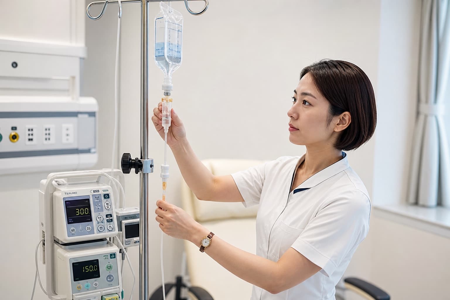 Nurse preparing an intravenous infusion line